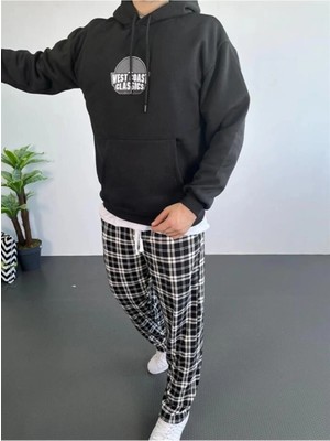 byasafkids Erkek Oversize Üç Iplik Kapüşonlu Sweatshirt – Siyah Sırt ve Ön Baskılı, Kanguru Cepli, Rahat Kalıp, Içi Pamuklu Model-Siyah