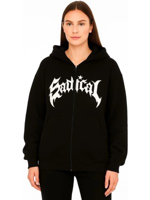 byasafkids Oversize Kapüşonlu Sweatshirt  Hoodie 3 Iplik Şardonlu Pamuklu Kumaş, Önü Baskılı, Fermuarlı Rahat Kalıp, Kışlık ve Sokak Stili Sweat - Siyah