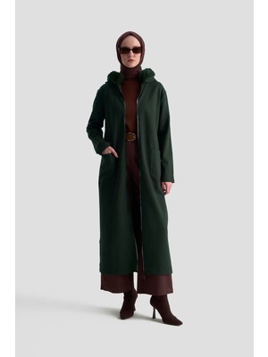 Armine Trend Kapüşonu Kürklü Boydan Fermuarlı Cepli Hırka Haki 25KT528