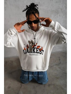 Erkek Oversize Kapüşonlu Sweatshirt – Beyaz Renk Üç Iplik Içi Pamuklu Kanguru Cepli Baskılı Hoodie Rahat Kalıp Kışlık Günlük Kombinlere Uygun - Beyaz