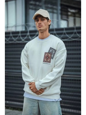 Uzun Kol Bisiklet Yaka Baskılı Sweatshirt - Beyaz