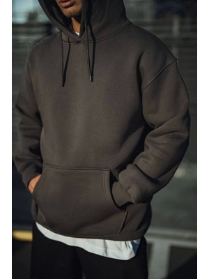 Üç Iplik Penye Kapşonlu Basic Sweatshirt - Antrasit