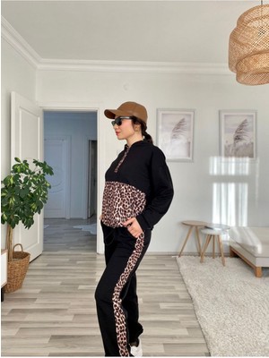 byasafkids Kadın Uzun Kollu Leopar Detay Sweat ve Yanı Leopar Şerit Detay Pantolon Ikili Takım