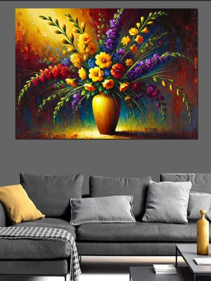 Renkli Çiçek Desenli Vazo ve Kanvas Dekoratif Tablo Seti