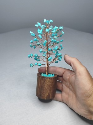 Feyza Design El Yapımı Firuze Doğal Taş Yapraklı Bakır Hayat Ağacı ve Ahşap Saksı