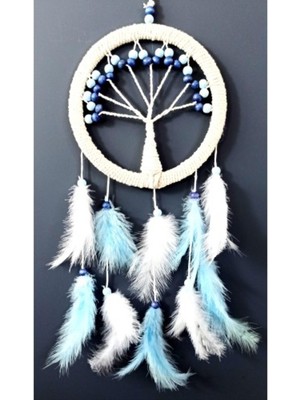 Feyza Design Mavi Beyaz Kuş ve Hayat Ağacı Tüylü Duvar Süsü, Zarif Dekorasyon Parçası