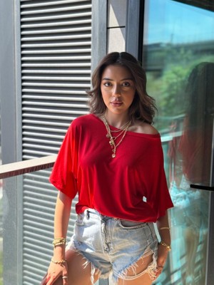 Egecen Kadın Tek Omuzu Açık Kısa Kollu Salaş Viskon Bluz