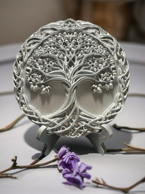 Feyza Design Şık Gümüş Renk Alçı Hayat Ağacı Dekoratif Figür, Masaüstü Süs