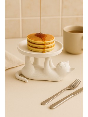 the mr east Dekoratif Beyaz Kedi Figürlü Takı, Sunumluk, Tatlı Tabağı, Masaüstü Organizer, Mumluk 14 x 14 cm