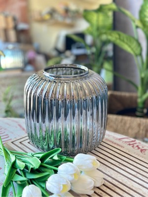 Füme Cam Vazo, 20X20 Cm, Nervürlü, Origami Stil, Dekoratif, Büyük Boy