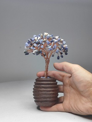 Feyza Design El Yapımı Sodalit Doğal Taş Yapraklı Hayat Ağacı, Ahşap Saksı ile Şık Dekor