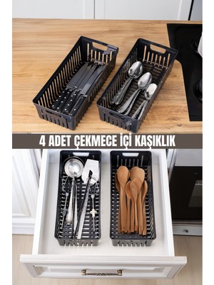 Metsar Home 4’lü Siyah Mutfak Çekmece Düzenleyici – Kaşık Çatal Bıçak Organizeri, Plastik Saklama Kutusu