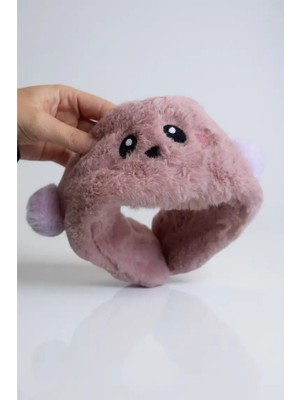 Koyu Pembe Ayıcık Figürlü Peluş Çocuk Kulaklık - Ponponlu Kışlık Yumuşak Dokulu Kulak Isıtıcı