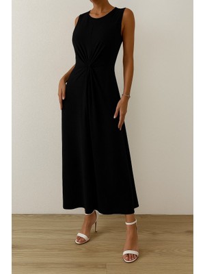 Egecen Kadın Sıfır Kollu Bisiklet Yaka Yandan Büzgü Detaylı Viskon Elbise