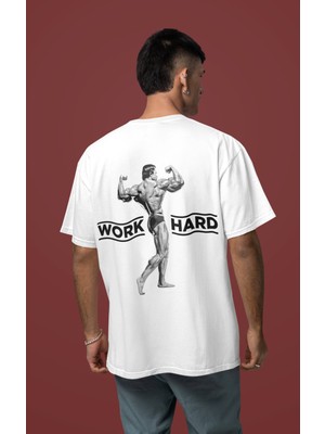Sevbano Arnold Work Hard Yazılı Body Building Sırt Baskılı Unisex Oversize Fitness Gym Sporcu Tişört