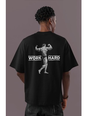 Sevbano Arnold Work Hard Yazılı Body Building Sırt Baskılı Unisex Oversize Fitness Gym Sporcu Tişört