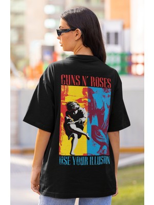 Sevbano Guns N' Roses Use Your Illusion Yazılı Sırt Baskılı Unisex Oversize Rock Metal Müzik Grubu Tişört