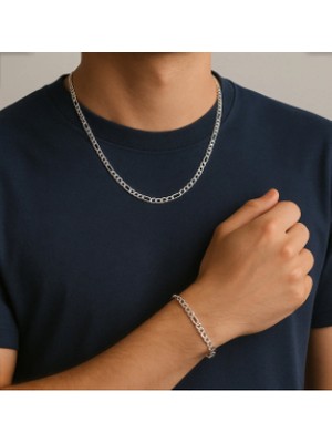 Siset Gümüş 925 Ayar Sertifikalı  2,8 mm Rodyum Kaplama  Erkek  Gümüş Bileklik-Kolye Ikili Set