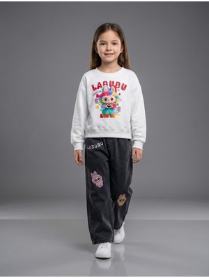 İncilay Kids Labubu Kız Çocuk Renkli Baskılı Sweat ve Kot Pantolon Takım