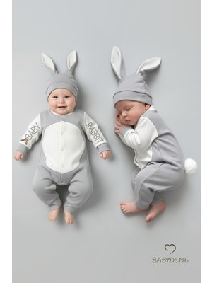 Babyden's Bebek Tavşanlı Tulum Şapka Set %100 Pamuklu Çıtçıtlı,ayarlanır Ponponlu Unisex Yenidoğan Tulum Seti