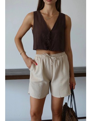 LTG Nova Müslin Kumaş Şort Bağcıklı Bej Pt