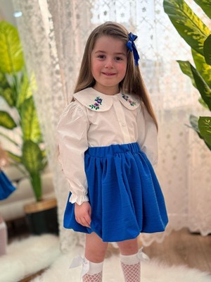 Yiğit Butik Balon Etekli Nakış Işleme Gömlekli Kız Çocuk Takım