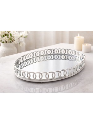 Mennur Home Lüx Gümüş Oval Yuvarlak Aynalı Sunum Tepsisi | Söz,nişan,isteme Tepsisi