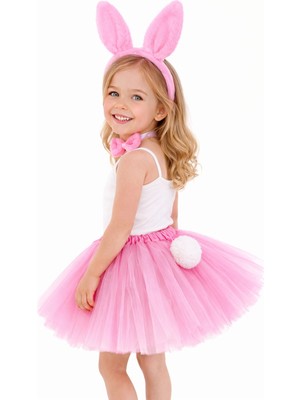 LTG Nova Kız Çocuk Tamamen Pembe Tavşan Kulaklı Kostüm Seti – Tütü Etekli 4 Parça