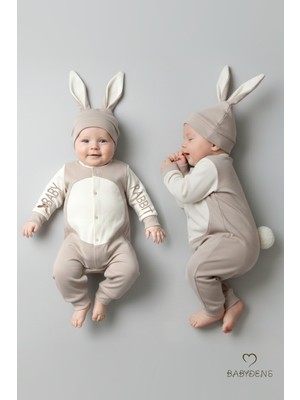 Babyden's Bebek Tavşanlı Tulum Şapka Set %100 Pamuklu Çıtçıtlı,ayarlanır Ponponlu Unisex Yenidoğan Tulum Seti