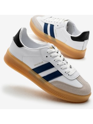 Tonny Black Unisex Beyaz Lacivert Kalın Termo Taban Yanı Şeritli Bağcıklı Spor Ayakkabı