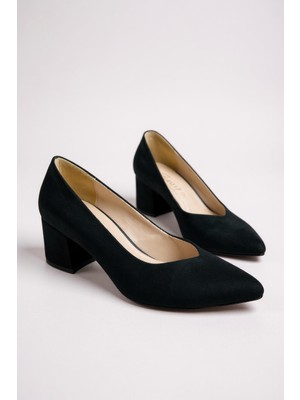 Modayak Zarif Siyah Süet Kare Topuk Sivri Burun Topuklu Ayakkabı