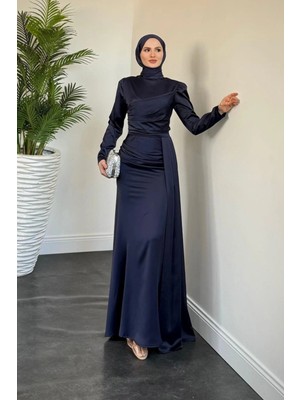 Tesettür Diyarı Samar Kuyruklu Saten Tesettür Abiye- Lacivert