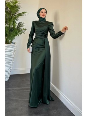 Tesettür Diyarı Samar Kuyruklu Saten Tesettür Abiye- Zümrüt