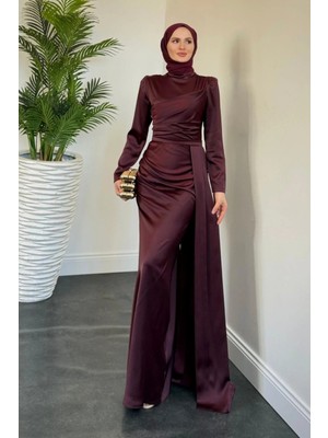 Tesettür Diyarı Samar Kuyruklu Saten Tesettür Abiye- Mürdüm