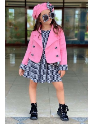 Riccotarz Kız Çocuk Kol Uçları Şerit Detaylı Blazer Ceket Bisiklet Yaka Üzeri Zebra Desenli Elbise