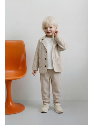 Magu Erkek Çocuk Pamuklu Bej Klasik Ceket Takım - Blazer Ceket & Pantolon + 3'lü T-Shirt Set