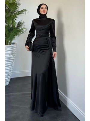 Tesettür Diyarı Samar Kuyruklu Saten Tesettür Abiye- Siyah