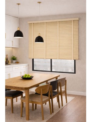 Volper Mekanik NJ-2402  Krem Renk %100 Gerçek Ahşap Jaluzi Perde 50 mm Zincirli Redüktörlü Kurdelalı