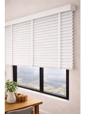 Volper Mekanik NJ-2401  Beyaz Renk %100 Gerçek Ahşap Jaluzi Perde 50 mm Zincirli Redüktörlü Kurdelalı