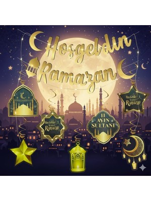 Hoşgeldin Ramazan Kaliğrafi 6 Lı Tavan Sarkıt Ramazan Süs ve LED Işık 3 Lü Set