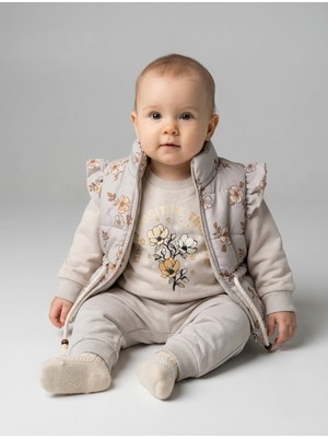 Mirkon Kız Bebek Çiçek Baskılı Yelekli Üçlü Takım