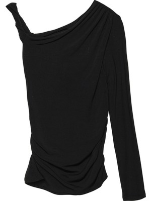 Quzu Omuzu Büzgülü Tek Kol Drapeli Bluz Siyah