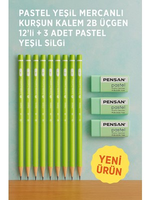 KarmaOfis Pastel Yeşil Mercanlı Kurşun Kalem 2b Üçgen 12LI + 3 Adet Pastel Yeşil Silgi