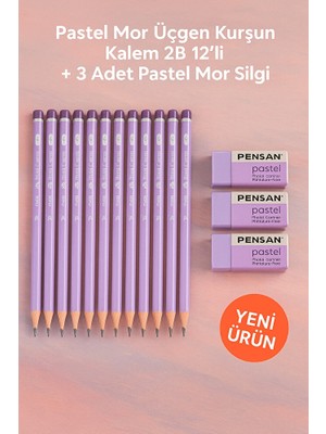 KarmaOfis Pastel Mor Mercanlı Kurşun Kalem 2b Üçgen 12LI + 3 Adet Pastel Mor Silgi