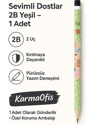KarmaOfis Sevimli Dostlar 2b Kurşun Kalem – Çocuklar Için Desenli Kalem | 1 Adet | Yeşil