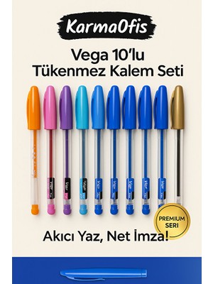 KarmaOfis Vega 10’lu Tükenmez Kalem Seti – 5 Mavi+5 Renkli – 0.7 mm Ince Uç – Akıcı Yazım – Premium