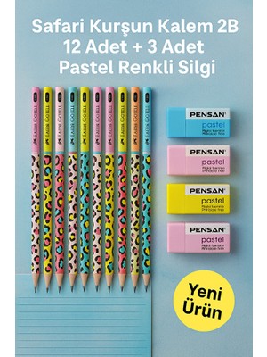 KarmaOfis Safari Kurşun Kalem 2b 12 Adet + 3 Adet Pastel Renkli Silgi