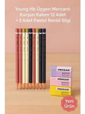 KarmaOfis Young Hb Üçgen Mercanlı Kurşun Kalem 12 Adet + 3 Adet Pastel Renkli Silgi