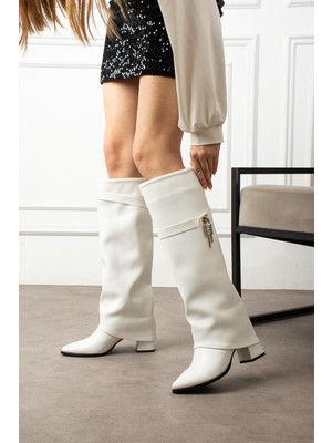 Shoetek Larve Kadın Çizme Körüklü Kemer Tokalı Beyaz Deri