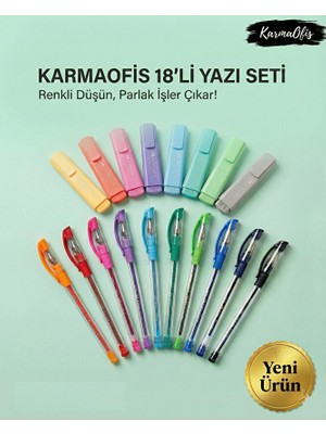 KarmaOfis 18’li Yazı Seti – 8’li Pastel Fosforlu + 10’lu Karışık Renk Tükenmez Kalem